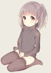  1girl :o bangs beige_background black_sweater blunt_bangs blush brown_hair commentary_request eyebrows_visible_through_hair full_body high_ponytail long_sleeves looking_at_viewer meito_(maze) no_pants original own_hands_together parted_lips ponytail red_eyes seiza sidelocks simple_background sitting solo sweater 