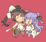  2girls ahoge azur_lane black_hair bow chibi commentary_request dress hair_bow holding holding_sword holding_weapon long_hair military military_uniform mota multiple_girls pantyhose ponytail purple_hair red_background ribbon simple_background stuffed_animal stuffed_toy sword takao_(azur_lane) unicorn_(azur_lane) uniform very_long_hair weapon white_dress ||_|| 