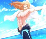  1boy :d adonis_belt brown_eyes brown_hair cowboy_shot idolmaster idolmaster_side-m koron_chris long_hair looking_to_the_side male_focus muscle nipples ocean open_mouth outstretched_arms smile solo sparkle toned toned_male wetsuit 