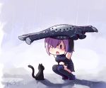  1girl :o armor arms_up black_cat black_footwear black_gloves black_legwear boots cat chibi elbow_gloves fate/grand_order fate_(series) gloves hair_over_one_eye langbazi navel navel_cutout one_eye_covered outdoors purple_hair rain shield shielder_(fate/grand_order) short_hair signature solo thigh-highs thigh_boots violet_eyes 