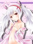  1girl animal_ears azur_lane breasts brown_eyes character_name cleavage commentary_request fake_animal_ears flat_chest groin hairband head_tilt highres index_finger_raised jacket laffey_(azur_lane) long_hair looking_at_viewer navel parted_lips renka_(cloudsaikou) solo white_hair 