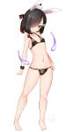  1girl animal_ears azur_lane bare_arms bare_legs bare_shoulders barefoot bikini black_bikini black_hair black_ribbon blush breasts closed_mouth collarbone contrapposto doyouwantto erect_nipples fake_animal_ears full_body groin hair_ornament hair_over_one_eye hair_ribbon half_updo hand_on_hip highres hitodama legs_apart lock looking_at_viewer navel padlock padlocked_collar rabbit_ears red_collar red_eyes ribbon shiny shiny_hair shiny_skin shiranui_(azur_lane) short_hair signature simple_background small_breasts smile solo standing stomach swimsuit tassel tsurime turret white_background wrist_cuffs 