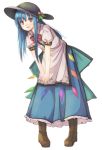 1girl blue_hair blue_skirt boots bow brown_footwear commentary_request food fruit fuussu_(21-kazin) hat hinanawi_tenshi leaning_forward long_hair long_skirt looking_at_viewer open_mouth orange_eyes peach puffy_short_sleeves puffy_sleeves red_bow red_neckwear shirt short_sleeves simple_background skirt solo touhou white_background white_shirt