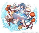  1girl :d arm_warmers baozi black_footwear blue_eyes blue_hair bun_cover chair double_bun dress dumpling food full_body holding holding_tray long_hair looking_at_viewer official_art open_mouth paper_balloon rice_bowl shirako_miso shoumetsu_toshi_2 smile solo spoon standing table tray twintails watermark 