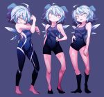  1girl ahoge bare_arms bare_legs barefoot bike_shorts black_legwear blue_bow blue_hair bodysuit bow cirno commentary_request covered_navel feet full_body hair_between_eyes ice ice_wings looking_at_viewer school_swimsuit shimizu_pem simple_background standing swimsuit touhou variations wings 