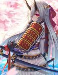  1girl armor bangs blurry blush cherry_blossoms closed_mouth depth_of_field fate/grand_order fate_(series) hachimaki hair_between_eyes headband highres japanese_armor katana long_hair looking_at_viewer looking_back mhong oni_horns outdoors red_eyes sheath sheathed sidelocks silver_hair sode solo sword tomoe_gozen_(fate/grand_order) very_long_hair weapon 