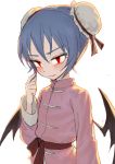  1girl alternate_costume bat_wings blue_hair blush bun_cover chinese_clothes closed_mouth double_bun fkey hair_twirling long_sleeves looking_down red_eyes remilia_scarlet short_hair simple_background solo touhou upper_body white_background wings 