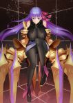  1girl black_legwear bow breasts claws fate/extra fate/extra_ccc fate_(series) gauntlets grey_eyes hair_bow hair_ribbon highres huge_breasts kakekcaboel long_hair looking_at_viewer pantyhose passion_lip purple_hair ribbon sitting solo 