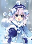  1girl coat d-pad hat highres looking_at_viewer mittens neptune_(choujigen_game_neptune) neptune_(series) open_mouth purple_hair scarf short_hair smile snow snowball snowing violet_eyes winter winter_clothes winter_coat 
