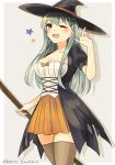  1girl alternate_costume black_hat breasts brown_legwear cleavage cowboy_shot dress green_hair halloween hat kantai_collection long_hair looking_at_viewer medium_breasts puffy_sleeves solo stick suzuya_(kantai_collection) thigh-highs twitter_username waving witch_hat yamashiki_(orca_buteo) yellow_eyes 