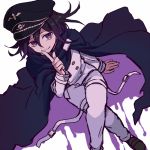  1boy cape checkered_scarf dangan_ronpa finger_to_mouth hat index_finger_raised legs_crossed looking_at_viewer new_dangan_ronpa_v3 ouma_kokichi peaked_cap purple_hair scarf smile straitjacket tpi_ri violet_eyes 