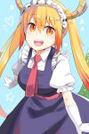  1girl blonde_hair blue_background blush breasts dragon_girl dragon_horns eyebrows_visible_through_hair gloves gradient_hair highres horns joy_kim kobayashi-san_chi_no_maidragon large_breasts long_hair looking_at_viewer maid maid_headdress multicolored_hair necktie open_mouth signature slit_pupils smile solo tail tooru_(maidragon) twintails white_gloves 