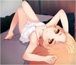  bakemonogatari blonde_hair dress highres kizumonogatari legs_together looking_at_viewer lying monogatari_(series) on_back oshino_shinobu pointy_ears snickersoid yellow_eyes 