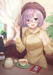  1girl bangs beret breasts cafe casual cup curtains digital_media_player earphones earphones eyebrows_visible_through_hair fate/grand_order fate_(series) glasses hair_over_one_eye half-closed_eyes hands_up haru_(hiyori-kohal) hat holding indoors ipod lavender_hair looking_at_viewer medium_breasts notebook open_mouth ribbed_sweater saucer shielder_(fate/grand_order) short_hair sitting smile solo sweater teacup teapot turtleneck turtleneck_sweater violet_eyes waving 