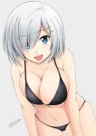  1girl bikini black_bikini blue_eyes breasts cleavage collarbone eyebrows_visible_through_hair fuuma_nagi grey_background hair_ornament hairclip hamakaze_(kantai_collection) kantai_collection large_breasts leaning_forward looking_at_viewer navel open_mouth short_hair silver_hair simple_background skindentation solo swimsuit twitter_username upper_body 