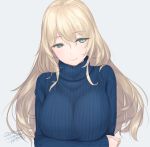  1girl atago_(kantai_collection) blonde_hair blue_eyes breast_hold breasts closed_mouth crossed_arms kantai_collection large_breasts long_hair long_sleeves ribbed_sweater rokuwata_tomoe simple_background sleeves_past_wrists smile solo sweater turtleneck turtleneck_sweater upper_body 