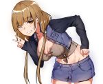  1girl ;d bangs blush breasts brown_hair cleavage cowboy_shot denim denim_skirt eyebrows_visible_through_hair large_breasts leaning_forward long_hair long_sleeves looking_at_viewer low_twintails midriff miniskirt mole mole_under_eye navel one_eye_closed open_mouth original simple_background skirt sleeves_past_wrists smile solo twintails w white_background xiu_jiayihuizi 