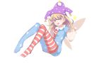  1girl american_flag_dress american_flag_legwear bare_arms blonde_hair clownpiece dress fairy_wings full_body hat highres index_finger_raised jester_cap knees_up long_hair looking_at_viewer neck_ruff open_mouth pantyhose plantar_flexion purple_hat red_eyes short_dress simple_background sitting smile solo star star_print striped touhou white_background wings 