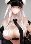  1girl absurdres apt azur_lane bare_shoulders black_neckwear breasts cleavage cleavage_cutout closed_mouth clothes_pull enterprise_(azur_lane) expressionless grey_background hair_between_eyes hat highres large_breasts long_hair long_sleeves looking_at_viewer necktie off_shoulder peaked_cap shiny shiny_skin silver_hair simple_background solo unbuttoned upper_body very_long_hair violet_eyes white_hat wing_collar 