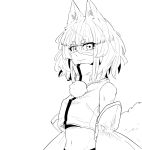  1girl animal_ears blood crop_top detached_sleeves greyscale hair_between_eyes hakuro109 highres inubashiri_momiji looking_at_viewer mask midriff monochrome navel short_eyebrows smile solo stomach tail thick_eyebrows touhou transparent_background turtleneck upper_body wolf_ears wolf_tail 
