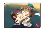  2girls ^_^ ^o^ artist_name beret black_legwear blue_hakama brown_hair chibi closed_eyes commentary_request hair_between_eyes hair_ornament hakama hakama_skirt hat japanese_clothes kaga_(kantai_collection) kantai_collection kneehighs maya_(kantai_collection) military military_uniform multiple_girls open_mouth pleated_skirt remodel_(kantai_collection) short_hair side_ponytail skirt sleeveless smile taisa_(kari) tasuki uniform white_skirt x_hair_ornament 