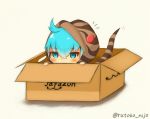  1girl ahoge amazon_(company) aqua_eyes aqua_hair blush box cardboard_box chibi commentary_request gradient gradient_background hair_between_eyes hood hoodie in_box in_container kemono_friends logo_parody looking_at_viewer peeking_out rutoko_nijo simple_background snake_tail solo striped_tail tail tsuchinoko_(kemono_friends) twitter_username yellow_background 