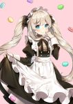  1girl apron ayami_(annahibi) blue_eyes blush cookie dress eyebrows_visible_through_hair fate/grand_order fate_(series) food frills highres long_hair looking_at_viewer macaron maid maid_apron maid_headdress marie_antoinette_(fate/grand_order) pink_background puffy_sleeves ribbon signature silver_hair smile solo sweets twintails very_long_hair wrist_cuffs 