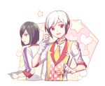  2boys alternate_costume bob_cut checkered formal gloves heart idolmaster idolmaster_side-m kitamura_sora kiyosumi_kurou looking_at_viewer male_focus multicolored multicolored_clothes multicolored_hair multiple_boys red_eyes short_hair star suit valentine white_gloves yellow_neckwear 