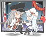  2girls alcohol belt black_footwear black_gloves black_legwear black_sailor_collar black_skirt blue_eyes bottle chibi cyrillic dated flag flat_cap full_body gangut_(kantai_collection) gloves grey_hair hammer_and_sickle hat hibiki_(kantai_collection) hizuki_yayoi jacket jacket_on_shoulders kantai_collection long_hair multiple_girls one_eye_closed orange_eyes pantyhose peaked_cap pleated_skirt red_shirt remodel_(kantai_collection) russian scar_on_cheek school_uniform serafuku shirt short_sleeves silver_hair skirt soviet_flag thigh-highs toast_(gesture) translation_request verniy_(kantai_collection) vodka white_hat white_jacket 