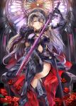  armor armpits black_legwear blonde_hair breasts cape cleavage dress eyebrows_visible_through_hair fate/grand_order fate_(series) flower groin himuro_(dobu_no_hotori) holding holding_sword holding_weapon jeanne_alter leggings legs_crossed looking_at_viewer open_mouth petals purple_dress red_cape rose rose_petals ruler_(fate/apocrypha) sheath sitting sword teeth throne weapon yellow_eyes 