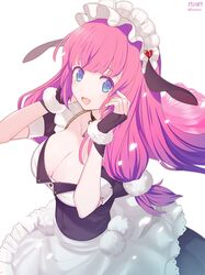  1girl animal_ears artist_name azur_lane bangs blue_eyes blunt_bangs breasts cleavage collarbone commentary_request dated detached_collar dog_ears dress fake_animal_ears fingerless_gloves fucodoku gloves hair_ornament hands_up heart heart_hair_ornament key large_breasts long_hair looking_at_viewer maid maid_headdress open_mouth pink_hair sidelocks simple_background solo suffolk_(azur_lane) twitter_username upper_body white_background 