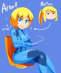 1girl :&gt; alternate_hairstyle before_and_after blonde_hair blue_bodysuit blue_eyes blush_stickers bob_cut bodysuit chair closed_mouth crossed_arms eyebrows_visible_through_hair looking_at_viewer metroid mole mole_under_eye ponytail purple_background rariatto_(ganguri) samus_aran short_hair simple_background sitting smile smug solo sparkle