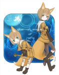  2boys :o ahoge androgynous animal_ears ankle_boots aqua_eyes bangs bent_over black_footwear blush boots brown_hair buttons capri_pants character_name closed_mouth coat colored_eyelashes commentary_request copyright_name elona elona+ eyebrows eyebrows_visible_through_hair eyelashes eyes_visible_through_hair facing_away fox_brother_(elona) fox_ears fox_tail frown full_body grey_pants hair_between_eyes holding holding_staff leaning leaning_forward leg_up legs_apart long_sleeves mizore_milk multiple_boys open_mouth orange_coat pale_skin pants platform_footwear sailor_collar short_hair short_sleeves sleeves_past_wrists staff standing tail tareme teeth text tongue white_pants 
