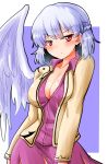  1girl :/ bangs blue_hair blush braid breasts brown_jacket cleavage closed_mouth collared_shirt contrapposto cowboy_shot eyebrows_visible_through_hair french_braid highres jacket kishin_sagume large_breasts long_sleeves looking_at_viewer oshiaki outside_border purple_shirt purple_skirt red_eyes shirt short_hair single_wing skirt solo touhou white_wings wings 