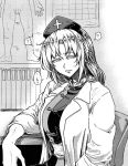  1girl ? bangs breasts confused cross_print greyscale half-closed_eyes halftone hat koyubi_(littlefinger1988) labcoat large_breasts looking_at_viewer monochrome nurse_cap parted_lips poster_(object) sitting solo spoken_question_mark sweatdrop swept_bangs touhou yagokoro_eirin 