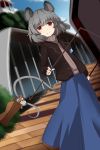  1girl alternate_costume animal_ears bag black_coat blue_skirt casual commentary_request contemporary dowsing_rod grey_hair highres holding jewelry long_skirt looking_at_viewer mouse_ears mouse_tail nazrin pendant red_eyes short_hair skirt solo tail touhou winu_(hertrion) 