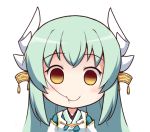  1girl bangs blue_hair blush chibi empty_eyes eyebrows_visible_through_hair fate/grand_order fate_(series) hair_in_mouth horn_ornament horns japanese_clothes kimono kiyohime_(fate/grand_order) langbazi long_hair looking_at_viewer simple_background smile solo white_background yellow_eyes 
