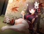  1girl animal_ears arm_support azur_lane bangs black_kimono blunt_bangs blush breasts cat_ears closed_mouth commentary_request hair_ribbon heart indoors japanese_clothes kimono large_breasts leaf_print long_sleeves mask mask_on_head medium_breasts no_shoes paw_pose reclining red_ribbon ribbon sash short_hair sideboob signature smile solo tareme thigh-highs thighs wide_sleeves yamashiro_(azur_lane) yua_(checkmate) 