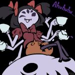  1girl ;d animal arm_behind_back arm_support black_background black_hair bow bowtie breasts cup extra_arms extra_eyes fangs hair_bow holding holding_cup insect insect_girl laughing legs_crossed monster_girl muffet muffet&#039;s_pet multiple_arms one_eye_closed open_mouth orange_shorts oversized_animal pantyhose puffy_short_sleeves puffy_shorts puffy_sleeves purple_legwear purple_skin red_bow red_neckwear red_shirt reiesu_(reis) shirt short_hair short_sleeves shorts simple_background sitting small_breasts smile solid_eyes solo spider spider_girl teacup teapot text tongue twitter_username two_side_up undertale violet_eyes white_tongue 