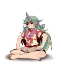  1girl animal_ears bare_arms bare_legs closed_mouth floral_print flower flower_necklace full_body green_hair highres horn jewelry komano_aun lei long_hair necklace red_shirt sandals shirt short_sleeves shorts simple_background sitting smile solo sunglasses touhou twiggytom white_background white_shorts 