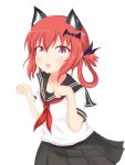  1girl animal_ears bangs black_skirt blouse blush cat_ears endsmall_min fang gabriel_dropout hair_between_eyes hair_ornament hairpin highres kurumizawa_satanichia_mcdowell looking_at_viewer pleated_skirt red_eyes redhead sailor_collar school_uniform serafuku skirt white_background 