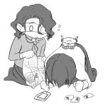  2boys asselin_bb_ii cellphone clenched_hands closed_eyes earrings eyepatch flying_sweatdrops greyscale idolmaster idolmaster_side-m jewelry male_focus medical_eyepatch monochrome multiple_boys orz phone satan_(idolmaster) seiza shinonome_souichirou sitting smartphone stuffed_toy sweater wavy_hair 