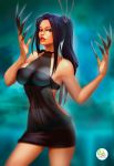  1girl artist_name black_hair breasts cleavage didi_esmeralda dress hair_ornament lady_deathstrike lipstick long_hair makeup marvel nail ponytail solo teeth upper_body 