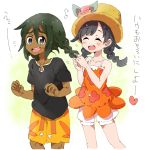  1boy 1girl bare_legs black_hair braid dark_skin dark_skinned_male floral_print flower green_eyes green_hair hat hau_(pokemon) long_hair mikanbako_(aitatadon3) mizuki_(pokemon_ultra_sm) open_mouth pokemon pokemon_(game) pokemon_sm pokemon_ultra_sm red_flower shirt short_hair shorts sleeveless sleeveless_shirt smile sun_hat t-shirt tank_top twin_braids white_shorts 