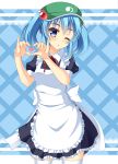  1girl alternate_costume apron blue_eyes blue_hair commentary_request enmaided frilled_apron frills green_hat hair_bobbles hair_ornament hat heart heart_hands highres houkiboshi kawashiro_nitori looking_at_viewer maid one_eye_closed puffy_short_sleeves puffy_sleeves red_neckwear red_ribbon ribbon short_sleeves solo thigh-highs touhou two_side_up white_legwear zettai_ryouiki 