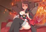  1girl :d akagi_(azur_lane) animal_ears azur_lane black_legwear breasts brown_hair burning cleavage commentary_request cushion dress eyeshadow fire flight_deck fox_ears fox_tail holding japanese_clothes kitsune large_breasts legs_crossed long_hair looking_at_viewer makeup multiple_tails open_mouth paper pleated_dress red_eyes sitting smile solo tachimi_(basue) tail thigh-highs zettai_ryouiki 
