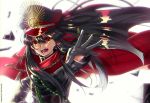  1girl black_hair black_hat cape demon_archer fate/grand_order fate_(series) floating_hair gloves grey_gloves hair_between_eyes hat long_hair military military_hat military_uniform open_mouth red_cape red_eyes simple_background solo uniform upper_body very_long_hair white_background y6m9e_kasabuta 