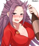  1girl absurdres alcohol blush bottle breasts cleavage collarbone drunk eyebrows_visible_through_hair eyes_visible_through_hair highres holding holding_bottle jun&#039;you_(kantai_collection) kantai_collection kiritto large_breasts long_hair long_sleeves looking_at_viewer nose_blush open_clothes open_mouth open_shirt pink_hair red_shirt shirt simple_background solo spiky_hair twitter_username upper_body violet_eyes white_background 