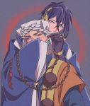  2boys aya bead_necklace beads black_gloves black_hair blue_eyes blue_hair covering_mouth gloves holding_ears japanese_clothes jewelry male_focus mikazuki_munechika multiple_boys necklace scar_on_cheek sleeves_past_wrists touken_ranbu turban wide_sleeves yamabushi_kunihiro 