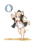  1girl arms_up ball beachball blue_eyes chibi commentary_request garrison_cap hat highres kantai_collection long_hair nuu_(nu-nyu) school_swimsuit silver_hair simple_background solo swimsuit triangle_mouth u-511_(kantai_collection) white_swimsuit 